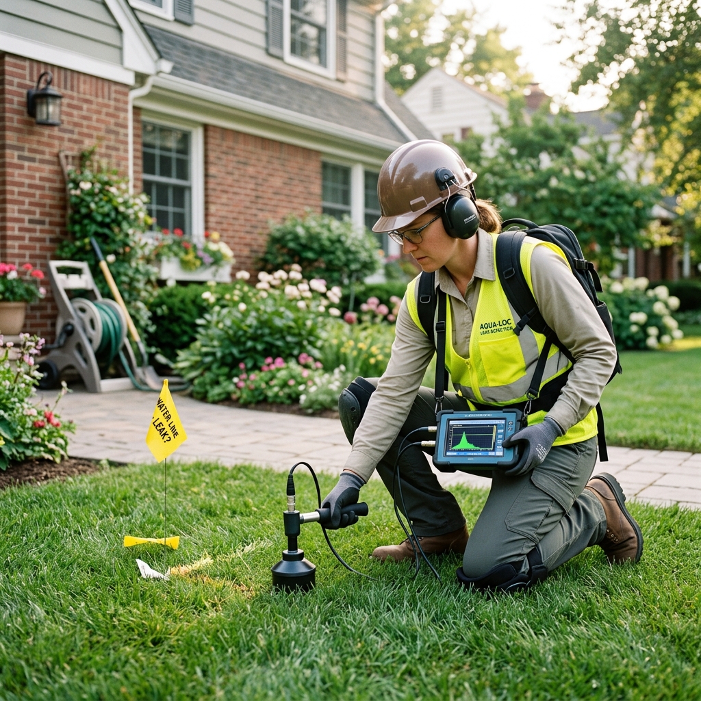 Plumbing technician using electronic leak detector to find hidden wall pipe leaks