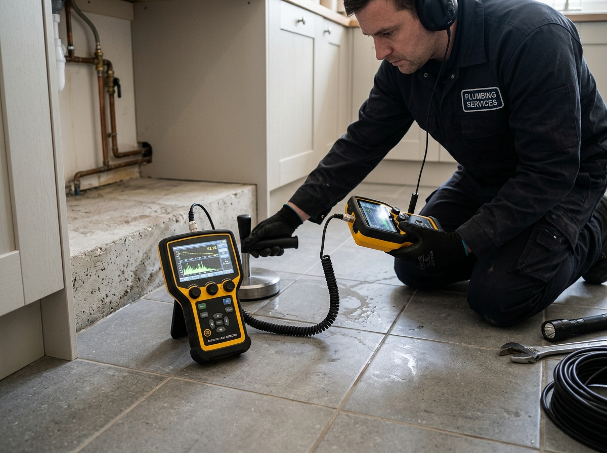 Acoustic electronic slab leak detection equipment used on concrete floor